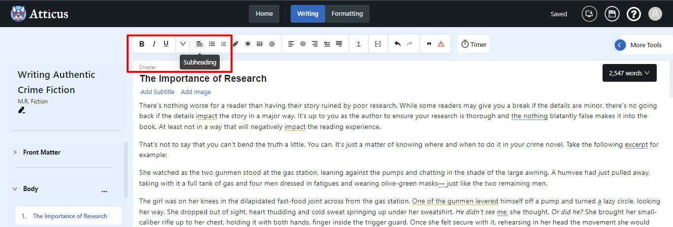 Attitus Book Writing and Formatting Software - Subheading Styles - Atticus.io - kindlepreneur.com
